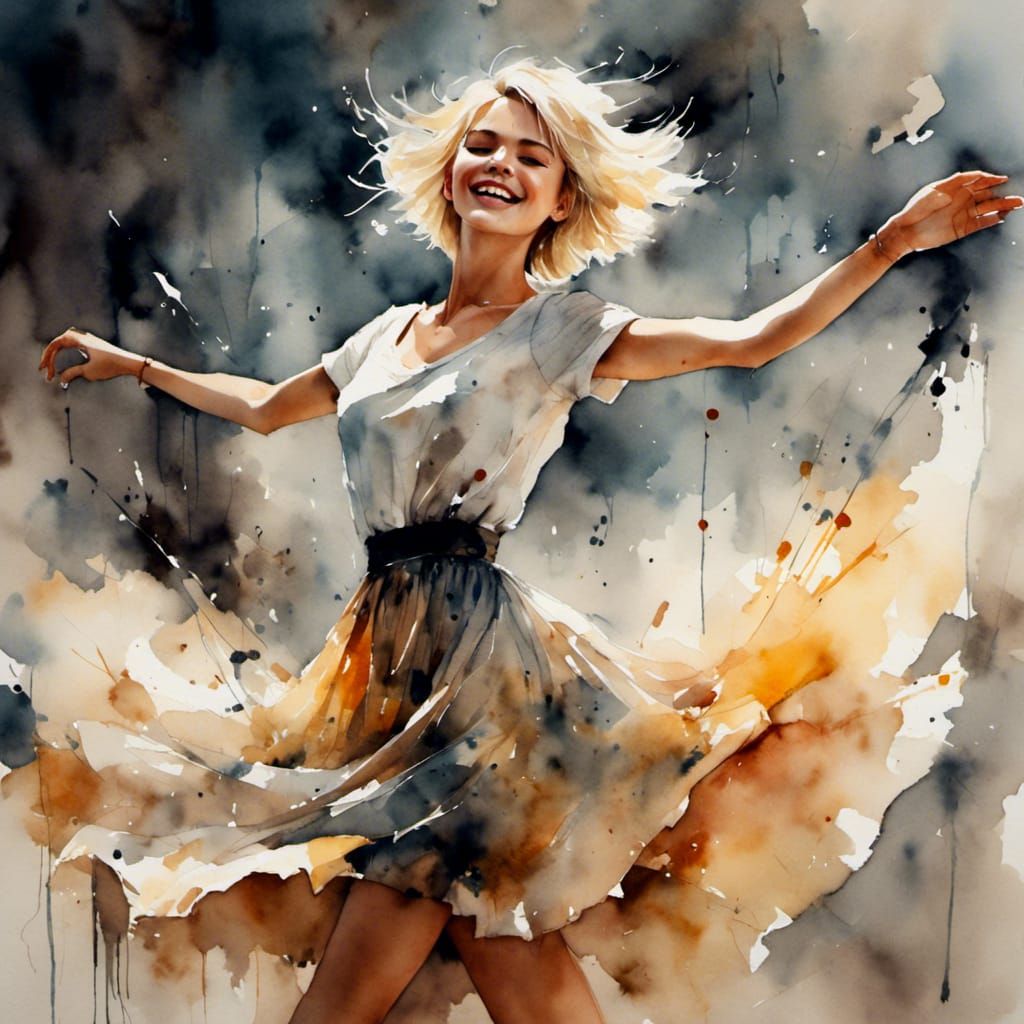 Exotic Woman Dancing in Antique Watercolor Style