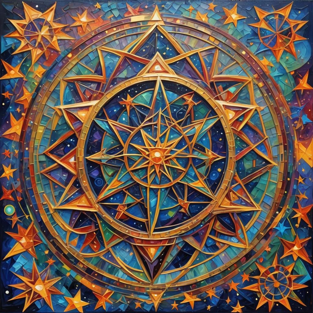 Sacred Geometry and Stars in Expressionist Oil Painting