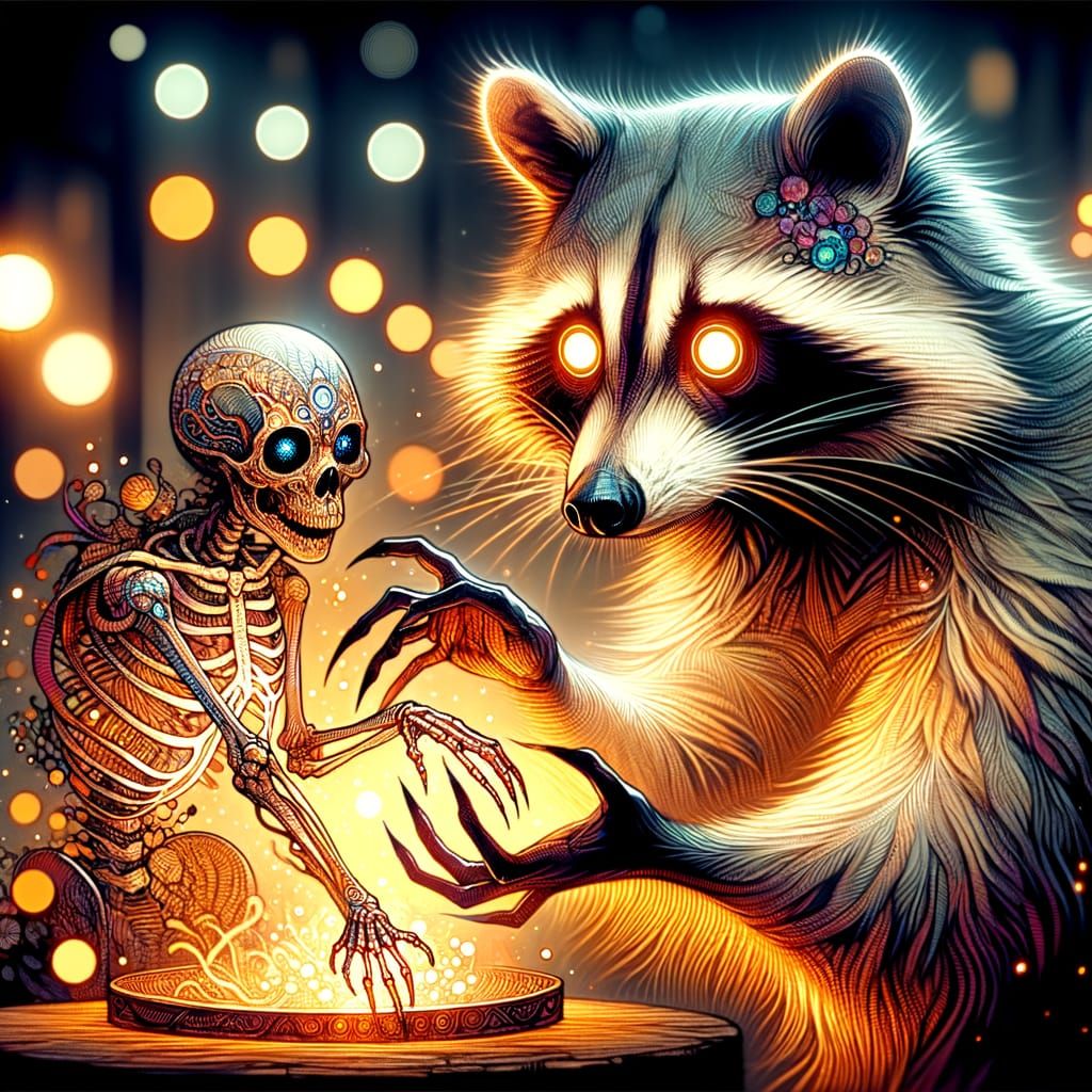 Raccoon Warlock Pilfering Art as Watercolor Painting