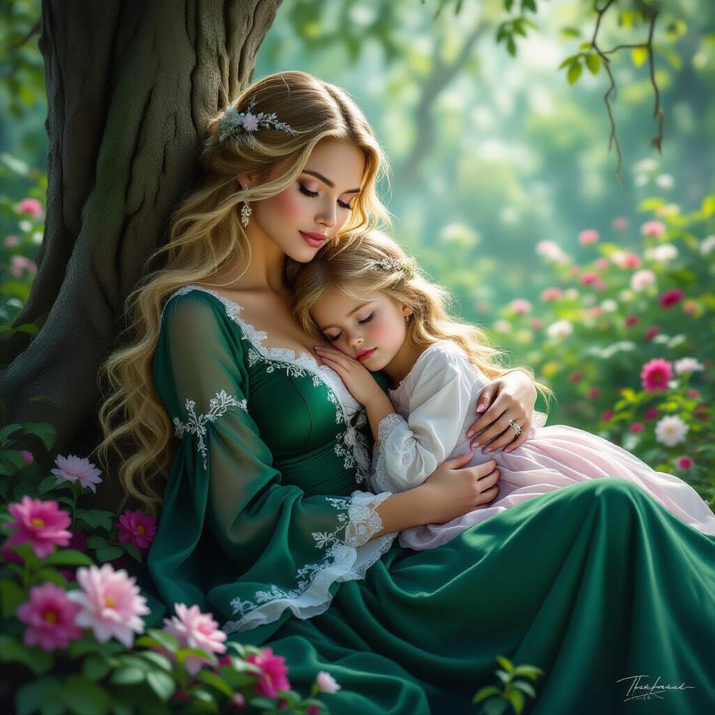 Woman and Child in Enchanted Forest, Kinkade Style