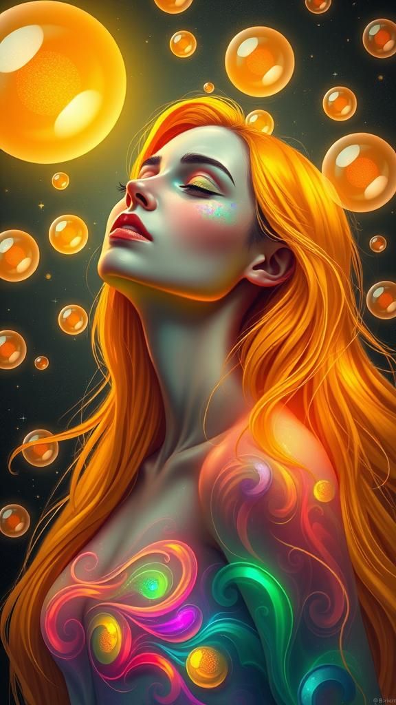 Ethereal Woman Gazing at Cosmic Bubbles