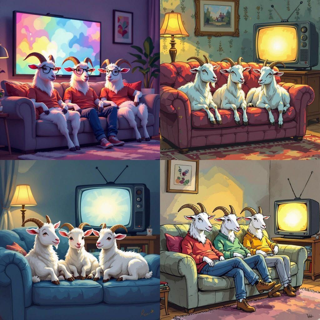 Humanlike Goats Relaxing on a Couch Watching Television