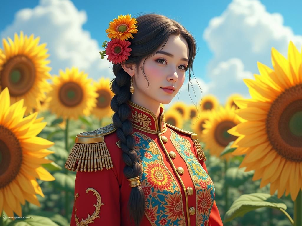 Ukrainian Soldiers in Sunflower Field, Anime-Inspired 3D Art