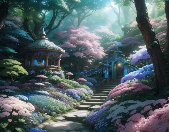 Mystical Opal Garden with Mountains in Anime Style