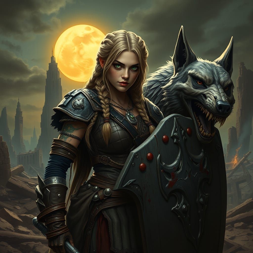 Post-Apocalyptic Shieldmaiden in Greg Rutkowski Style