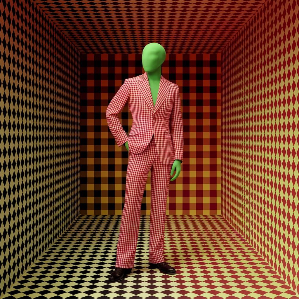 Gingham Humanoid in a Vibrant Patterned Room