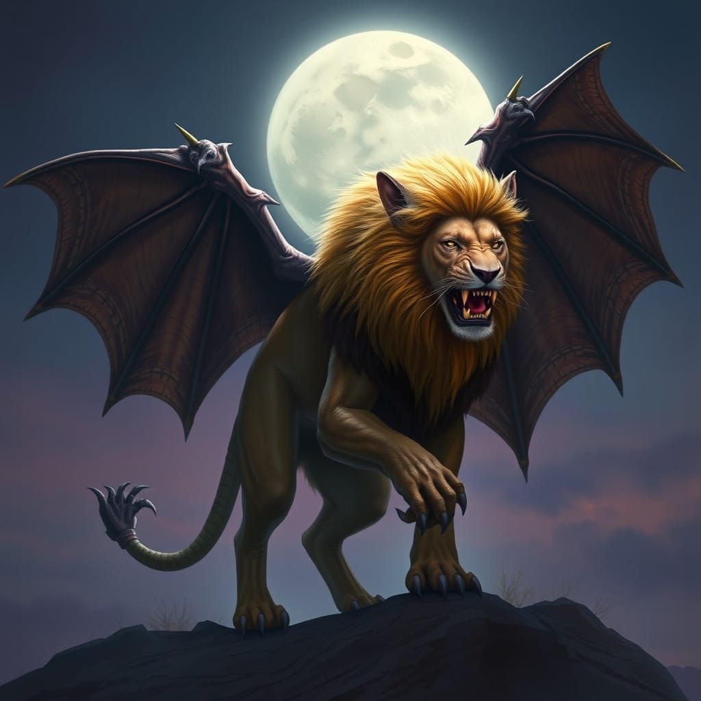 Majestic Lion-Bat Hybrid in Mystical Moonlit Sky
