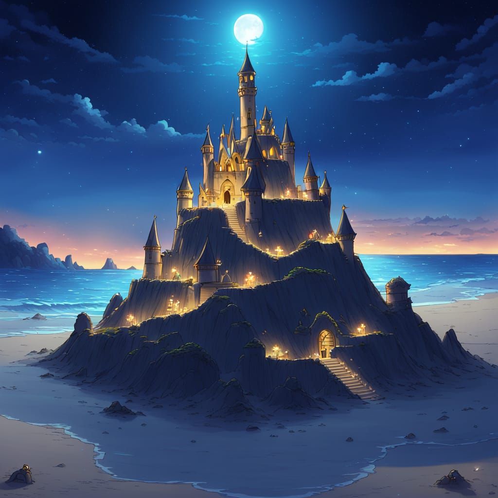 Bioluminescent Beach Sandcastle in Anime Art Style