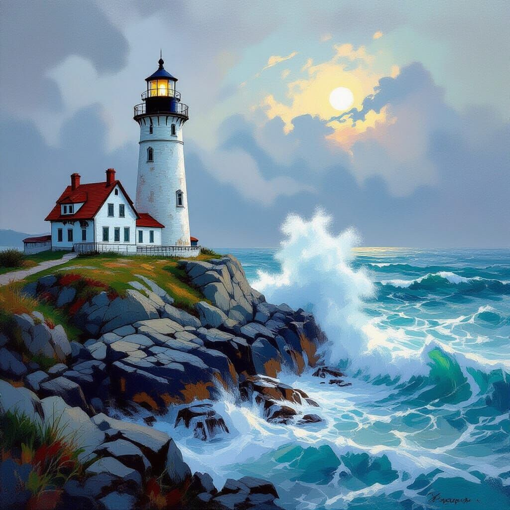 Lighthouses on Rocky Coastlines in Mixed Styles