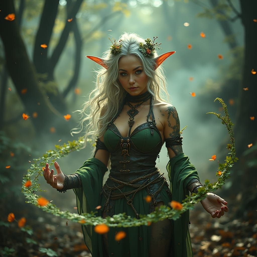 Punk Druidic Elven Sorceress in Mystical Forest
