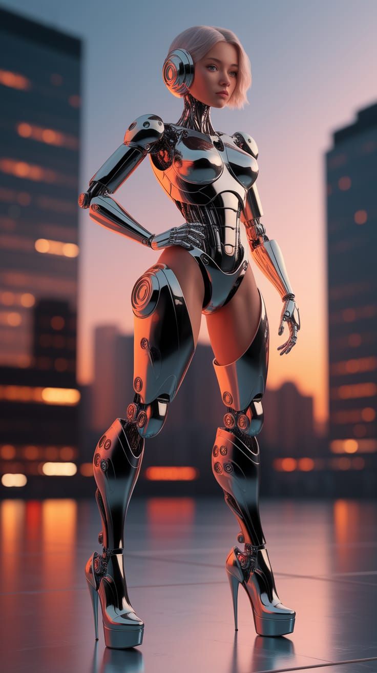 Cyborg girl with robot body and over knee stiletto platform high heel boots