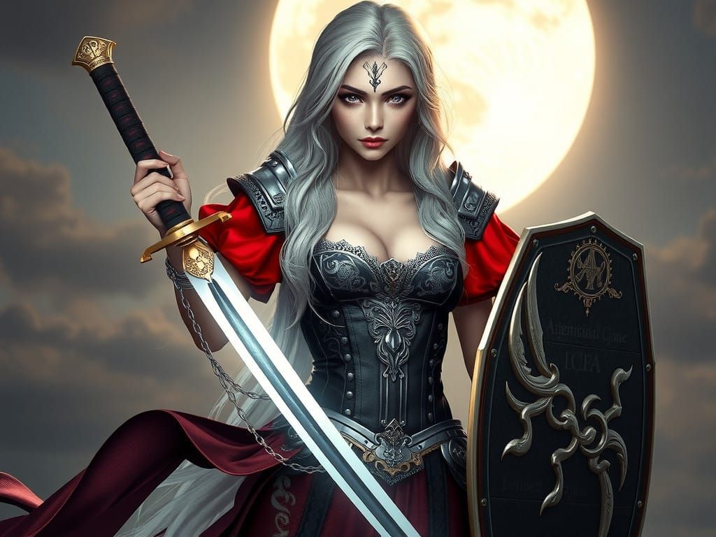 Ethereal Aasimar Warrior in Radiant Silver and Crimson Armor