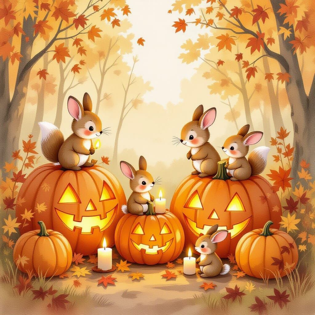 Whimsical Autumn Scene with Pumpkins and Forest Animals