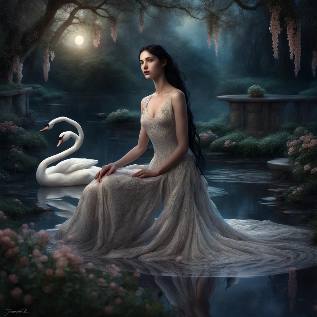 Ethereal Lady in Moonlit Garden: Fantasy Art