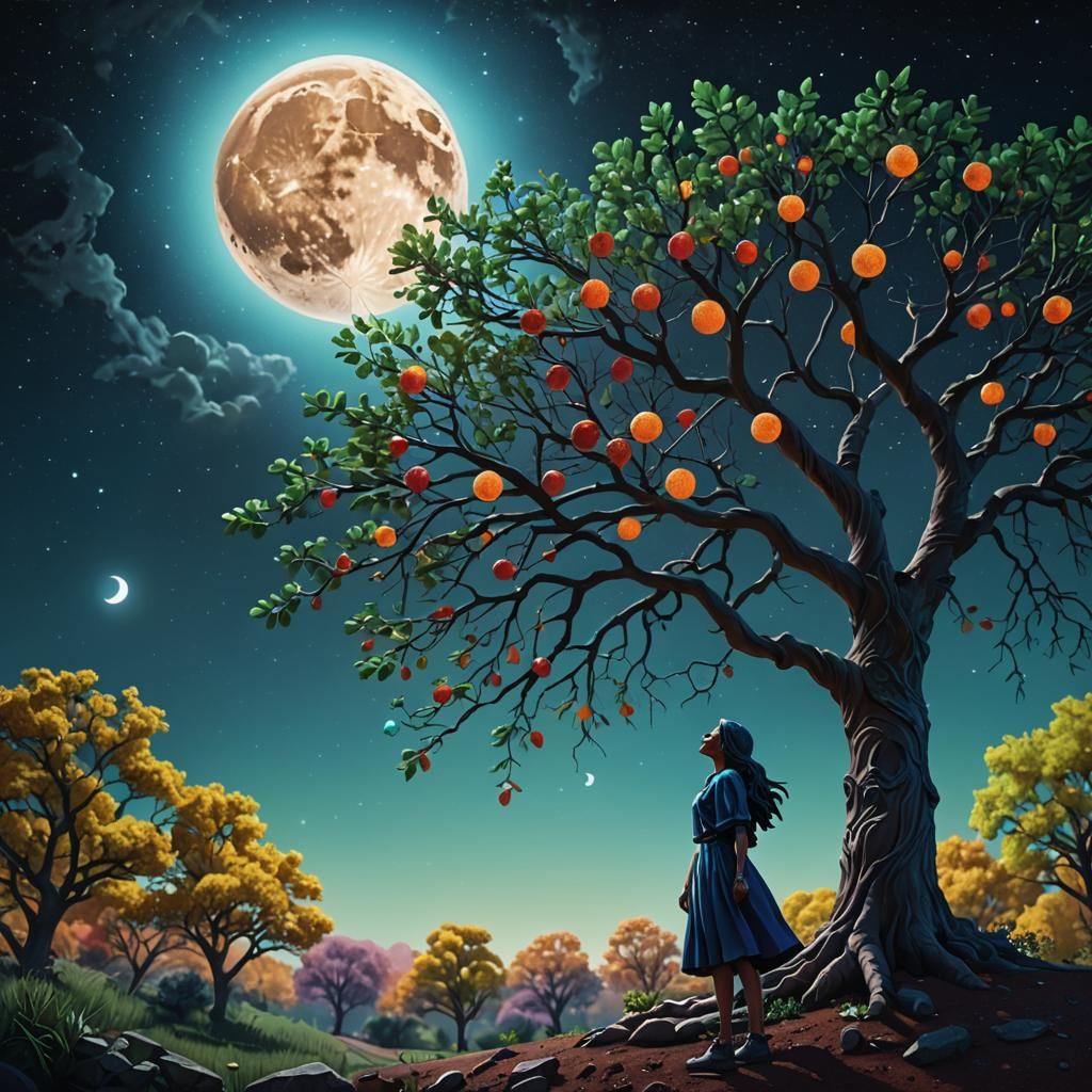 Plasticine Girl Gazing at Moon in Digital Art