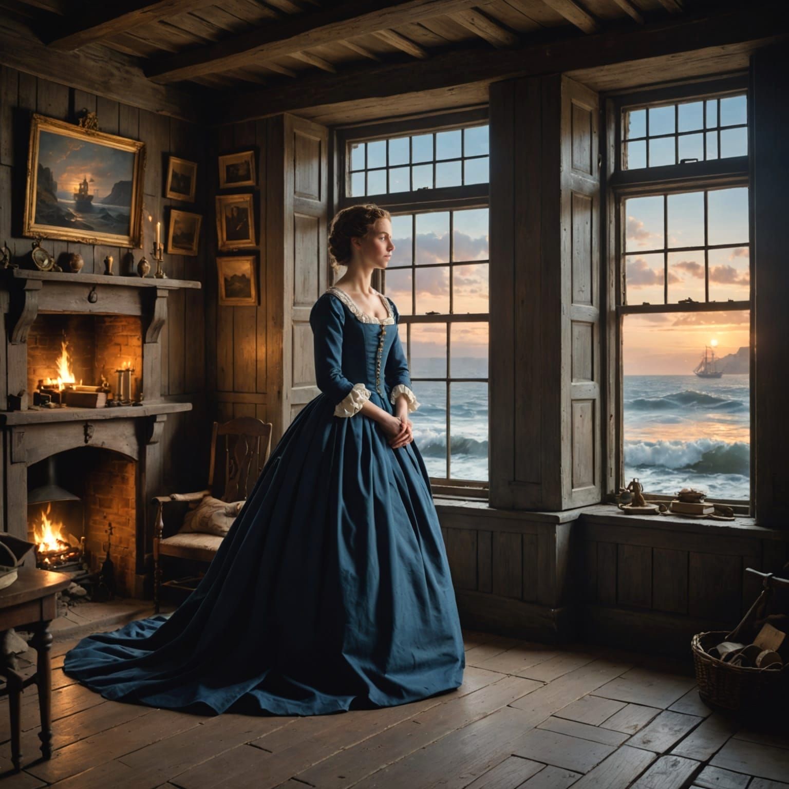 18th Century Lovers Gaze at Sea from Rustic Cottage