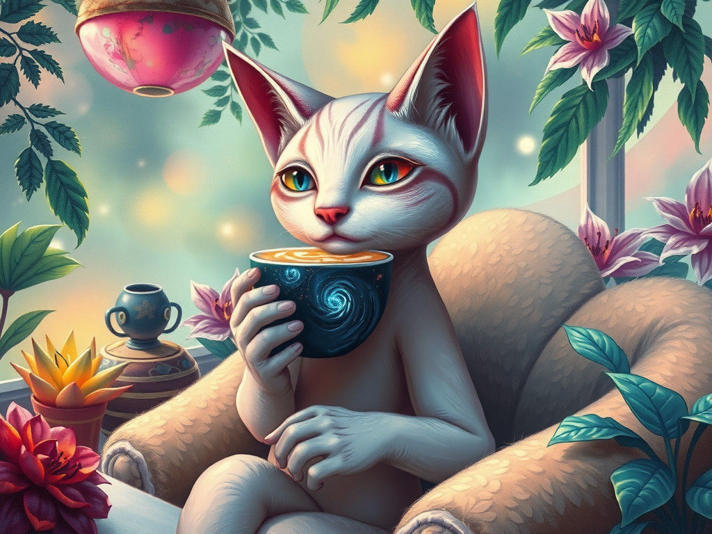 Cat-Alien in Space Cafe with Galaxy Latte