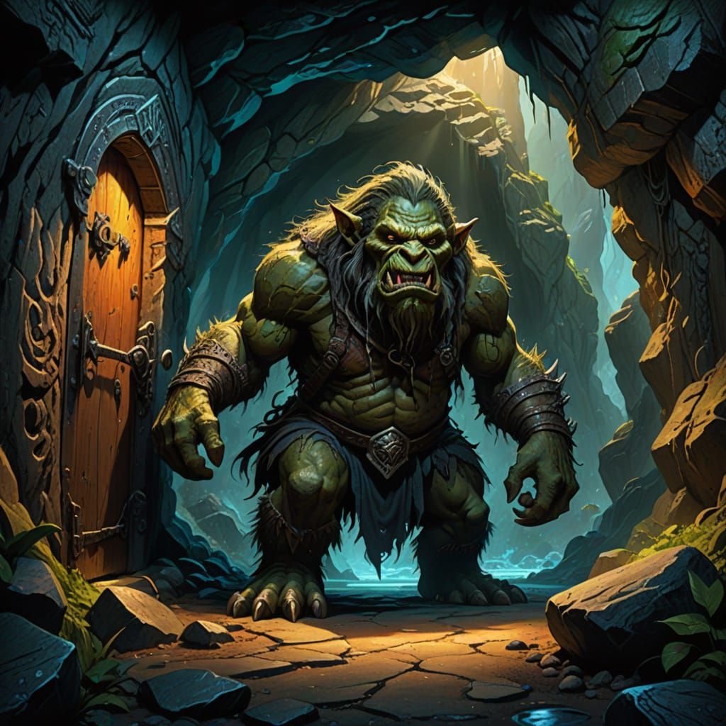 Fantasy Cave Troll Guardians Ancient Doorway in Hyperrealist...