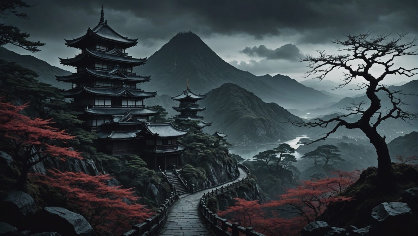 Dark Japanese Fantasy Landscape Photo Illustration