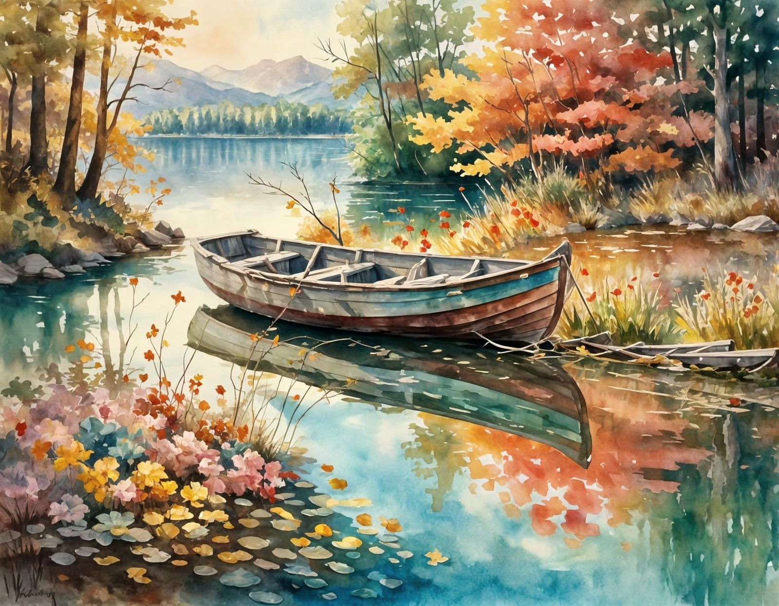 Watercolor Boat with Autumn Flowers on Lake