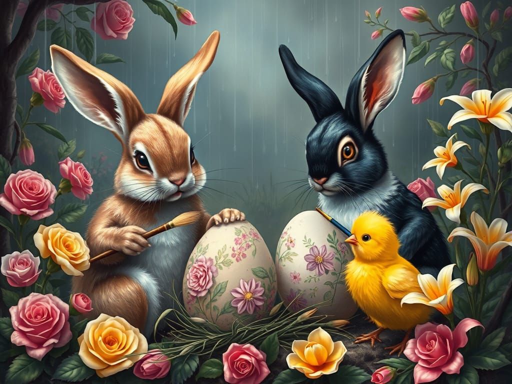 Whimsical Easter Scene with Bunnies and Chicks