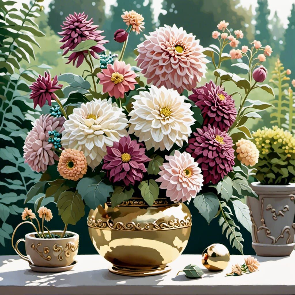 Dahlias with Gold Outlines in Vase
