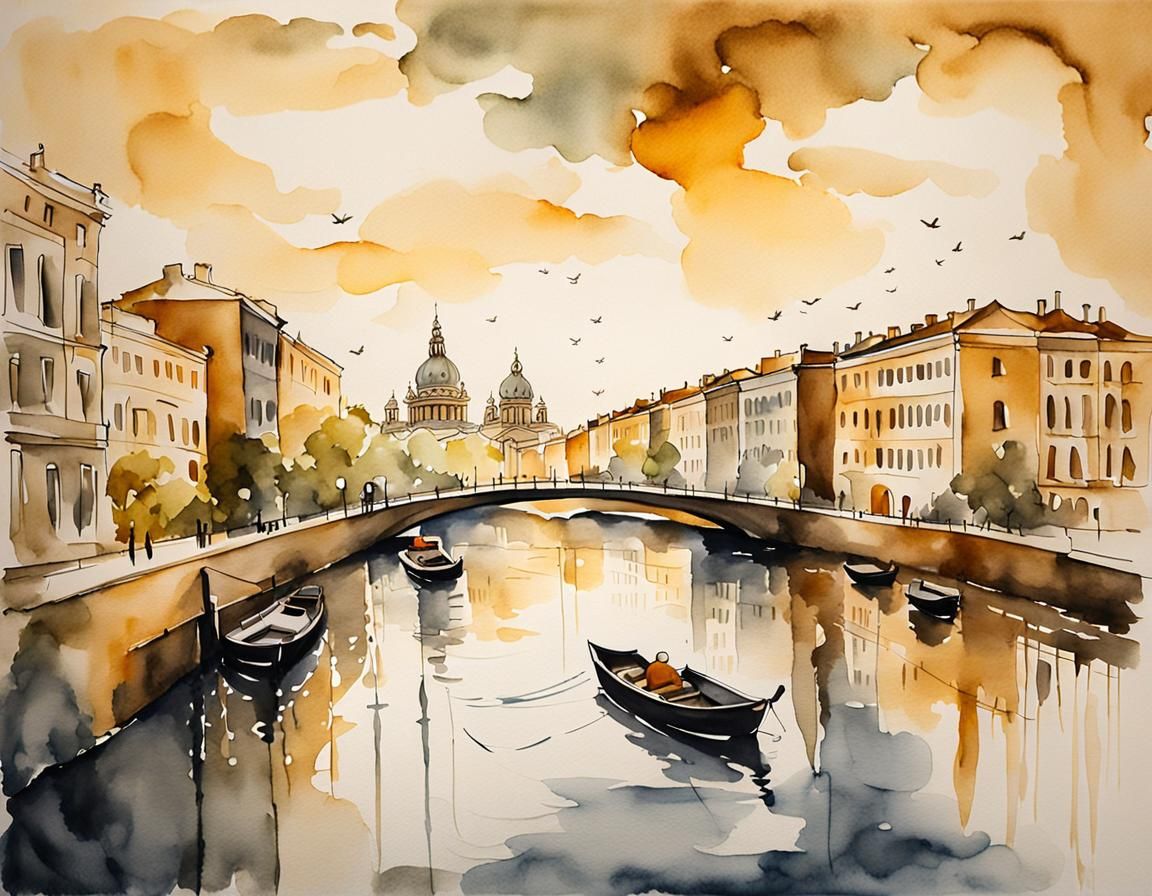St. Petersburg Canals in Watercolor Ink Wash
