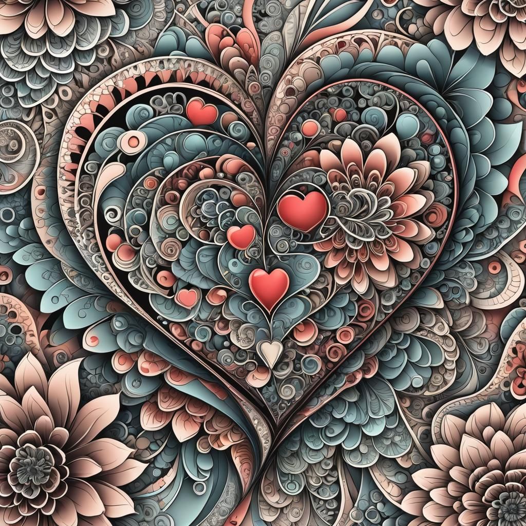 Abstract Love Heart with Floral Fractal Design