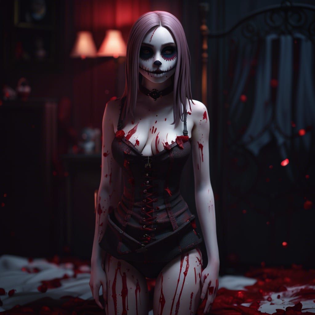 Bloody Cute E-Girl Portrait in Dark Bedroom