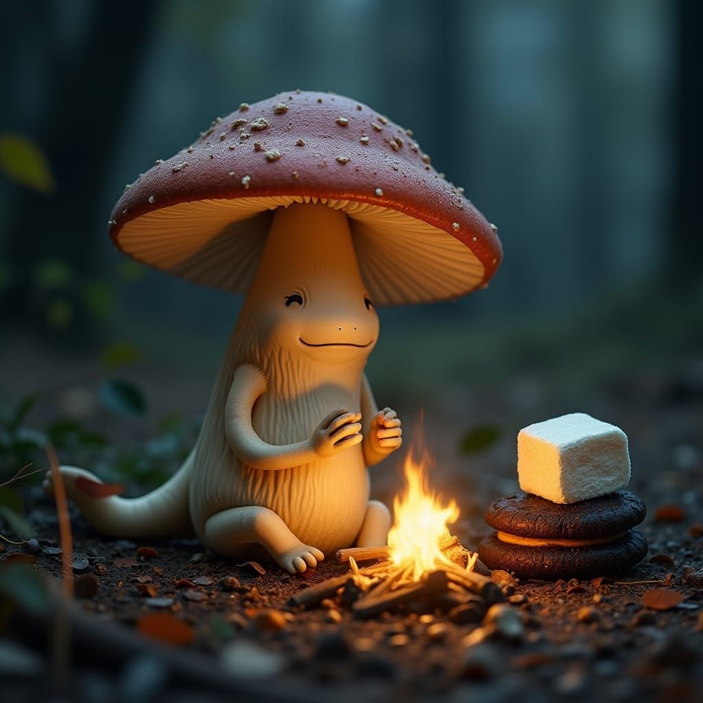Ink Cap Shroom Savoring S'more by Campfire