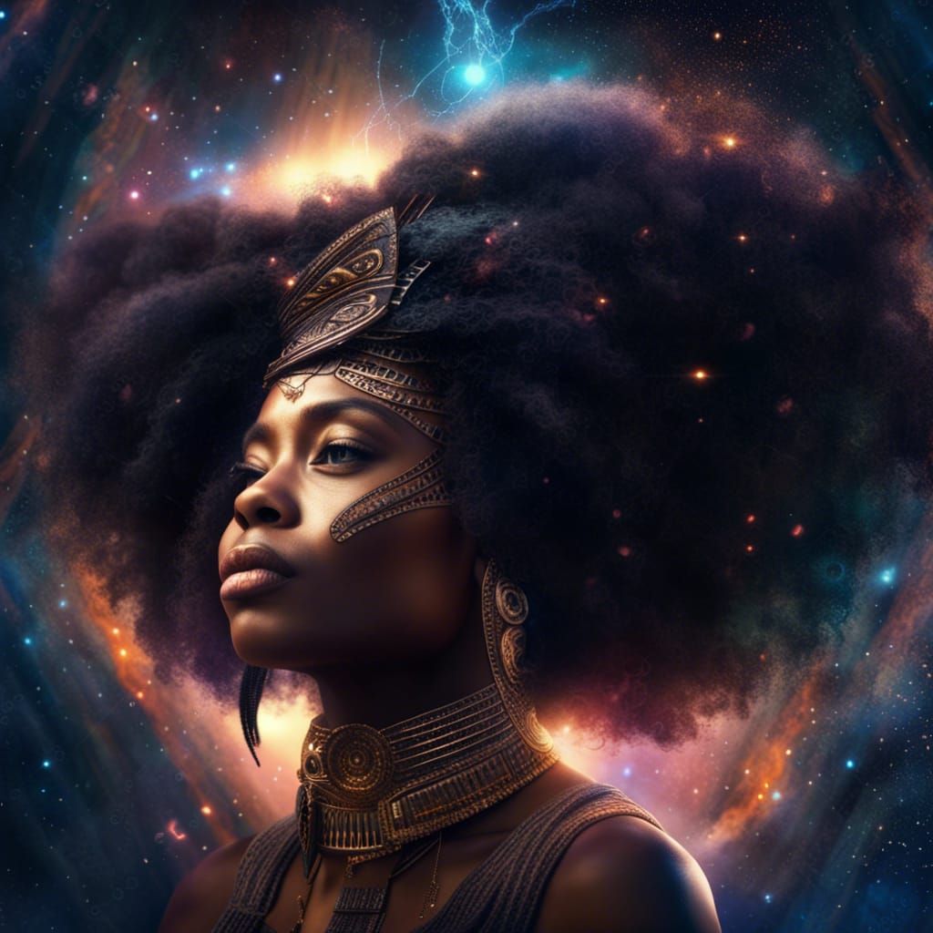 Afrocentric Woman's Galactic Dream: Digital Matte Painting