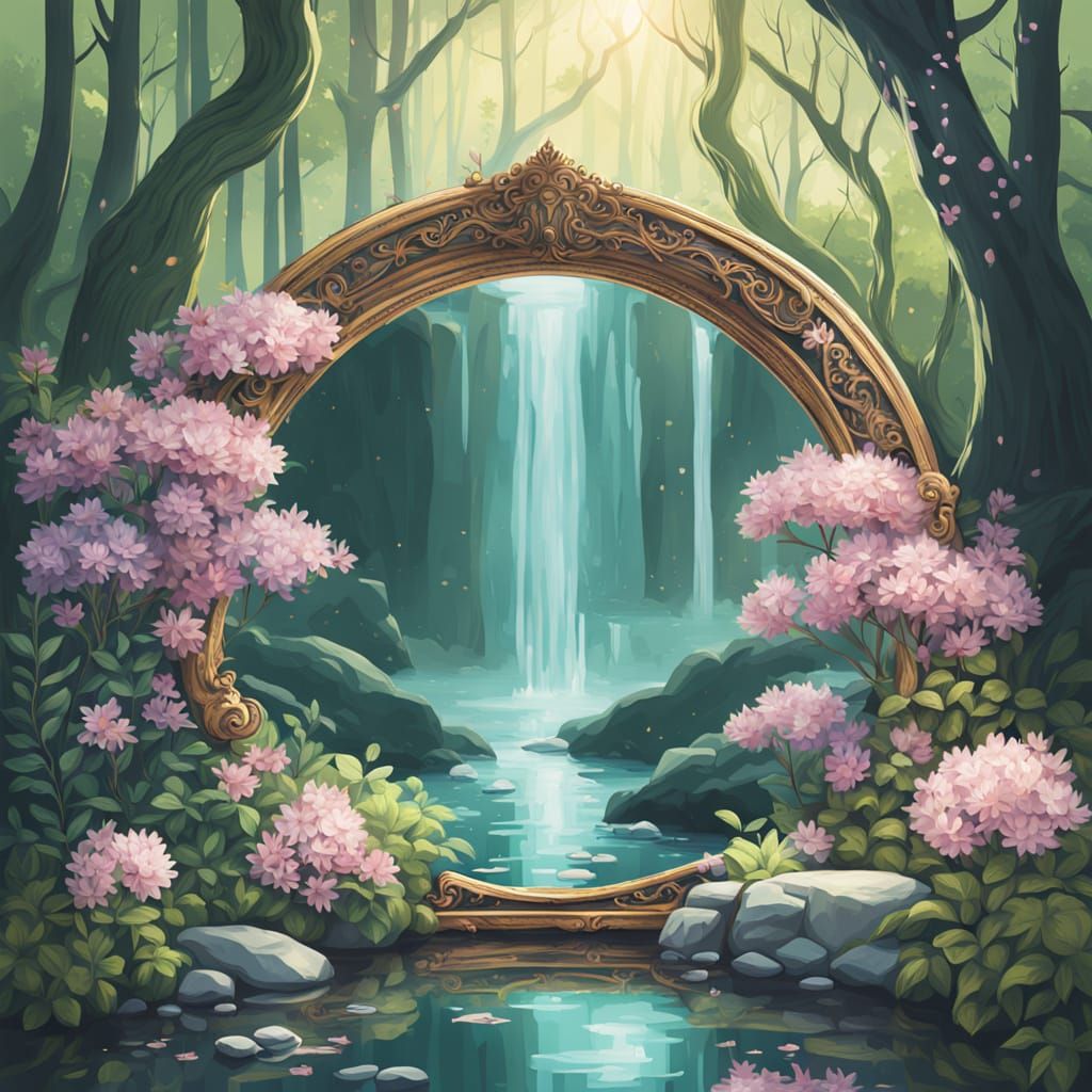 Mystical Mirror by Waterfall in Impressionist Style