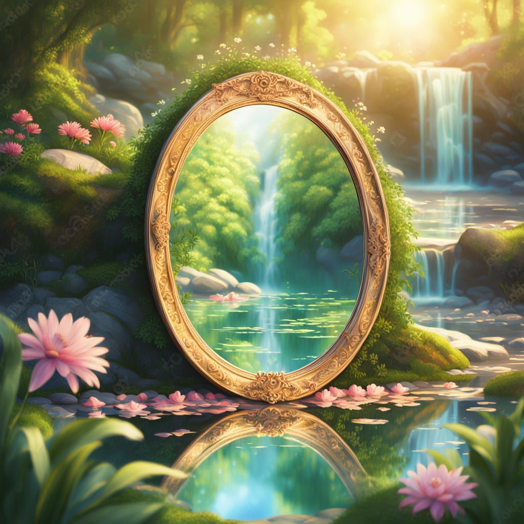Mystical Mirror in Lush Fantasy Forest