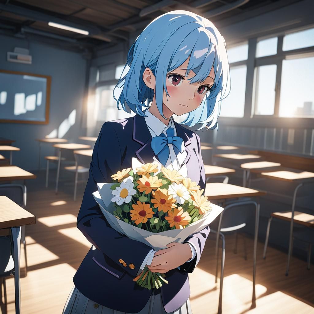 Girl in School Uniform Holding Flowers: Cel Shading