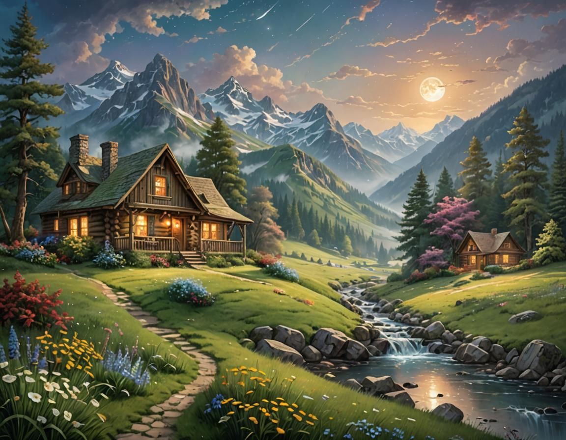 Idyllic Mountain Meadow Cabin in Ethereal Light