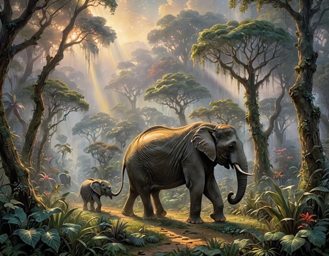 Elephant and Baby in Ethereal Jungle