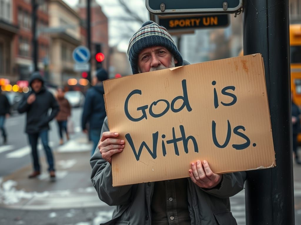 Homeless Man Holding Sign on Winter Street