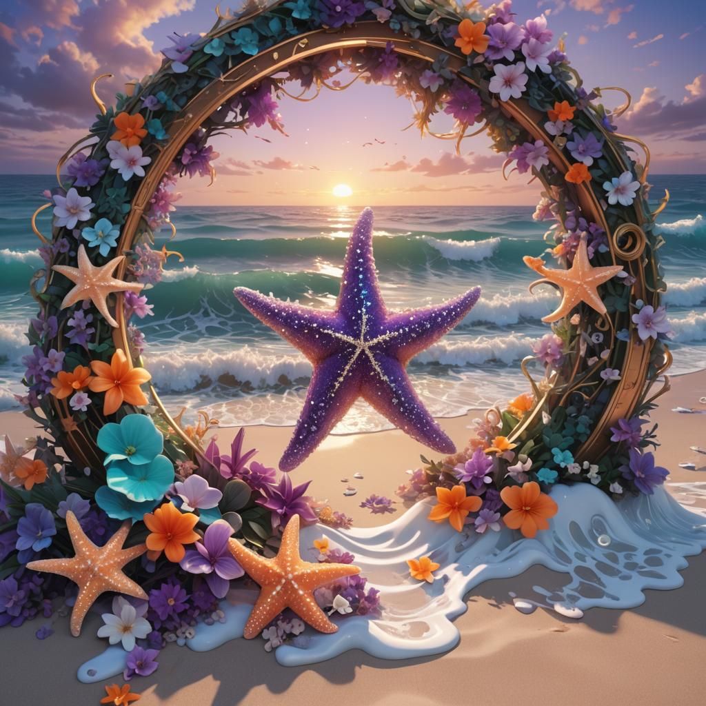 Opalescent Starfish Beach Portal in Anime Style