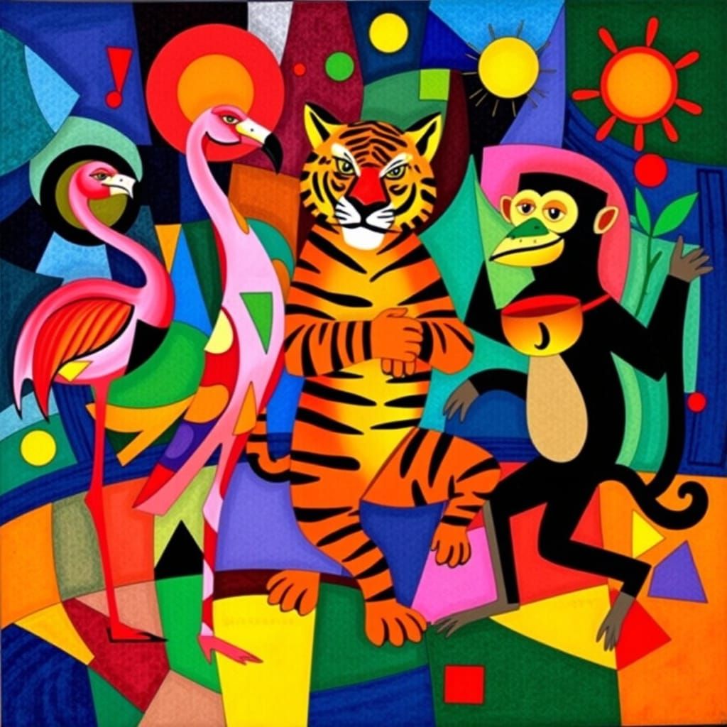 Wildlife Carnaval Celebration in Vibrant Cubist Style
