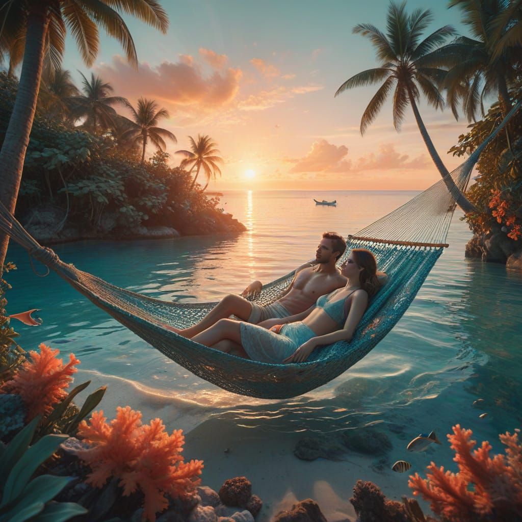Tropical Beach Sunset with Couple in Hammock