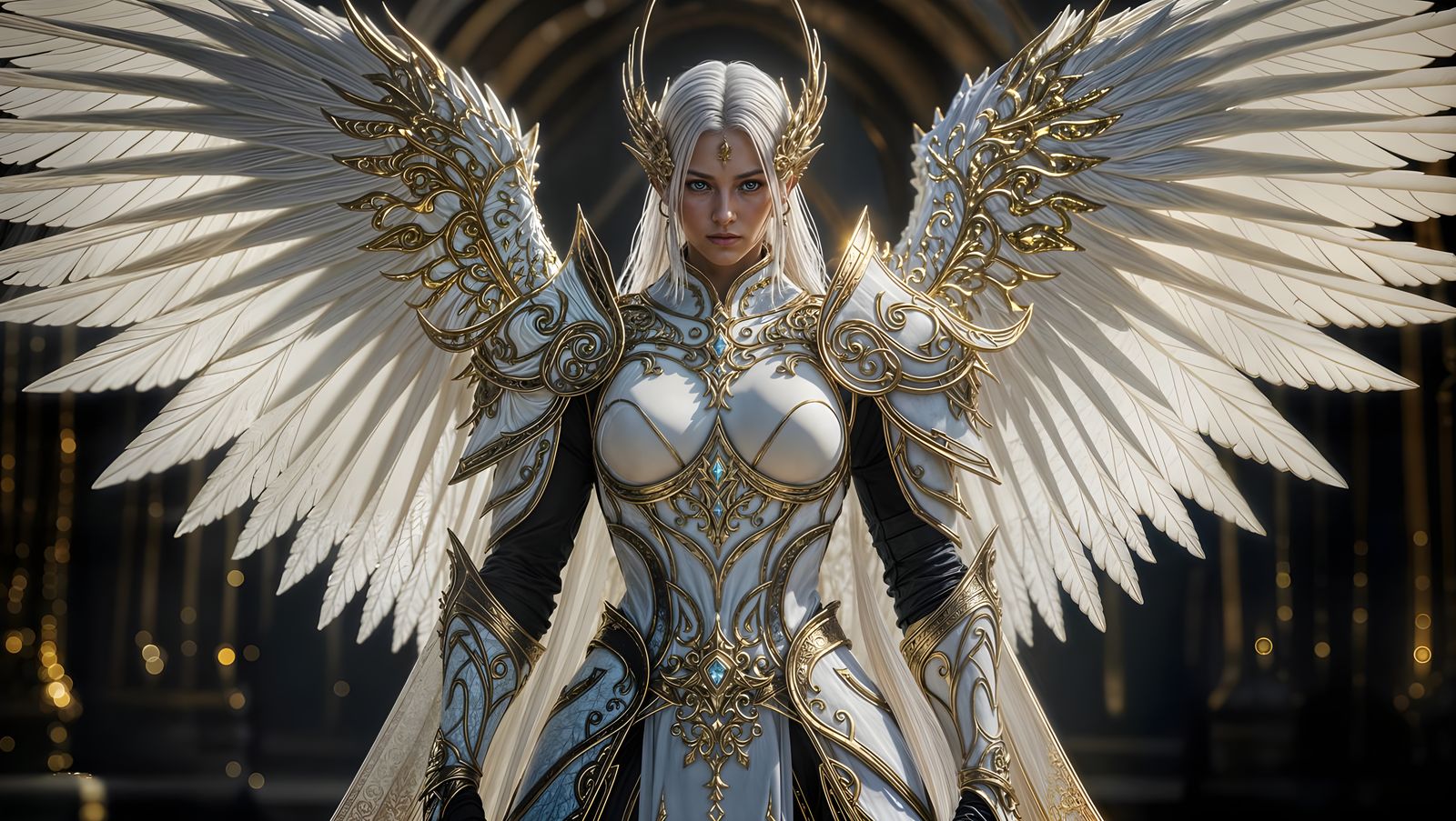 Majestic Angelic Warrior in Intricately Crafted Gold and Whi...