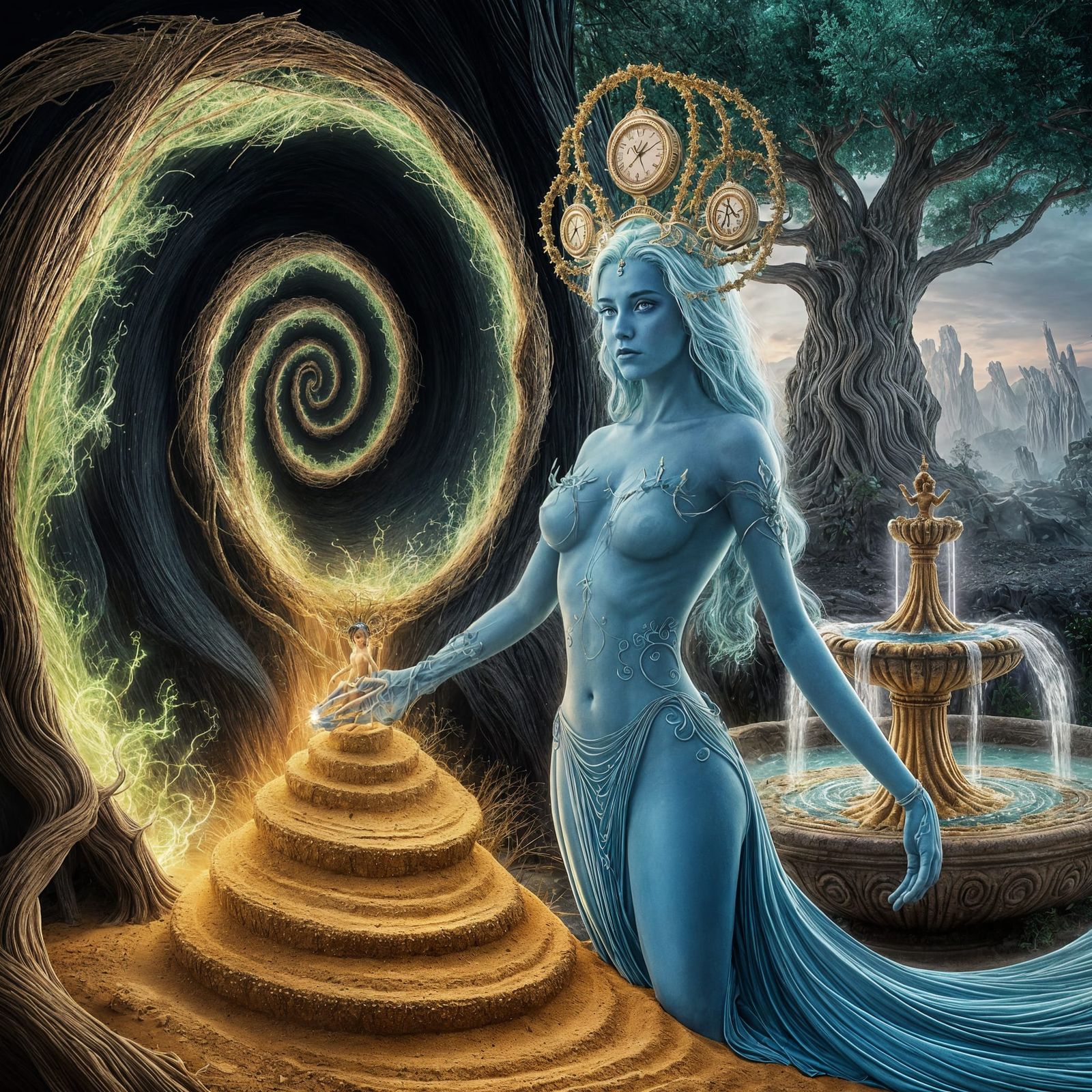 Celestial Goddess Harvesting Time Beside a Magical Tree