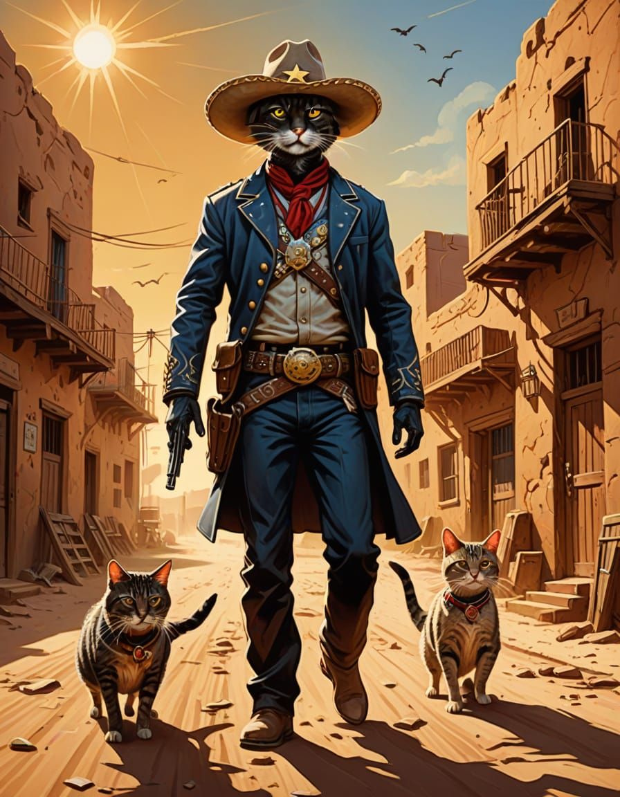 Mexican Cat Sheriff in Wild West Oil Painting