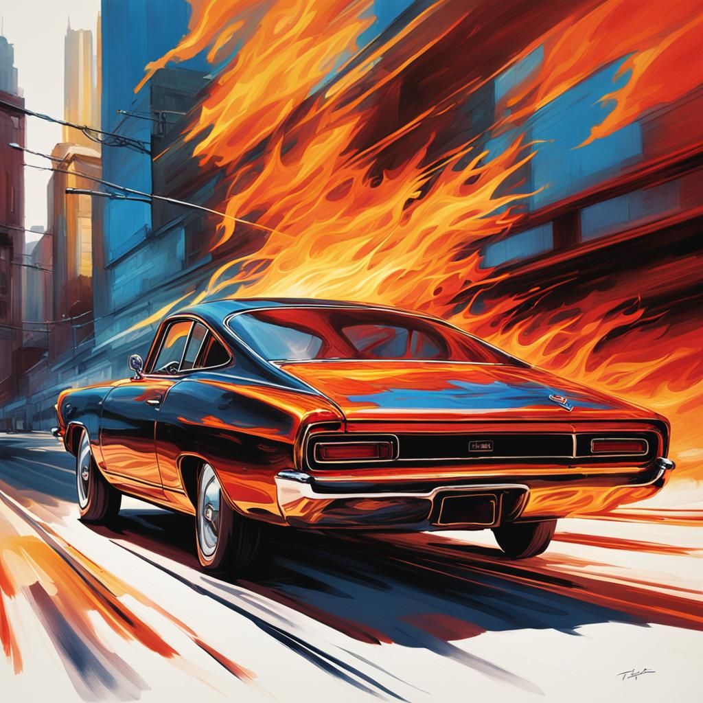 Vintage Car Forged in Fire: Cinematic Film Still