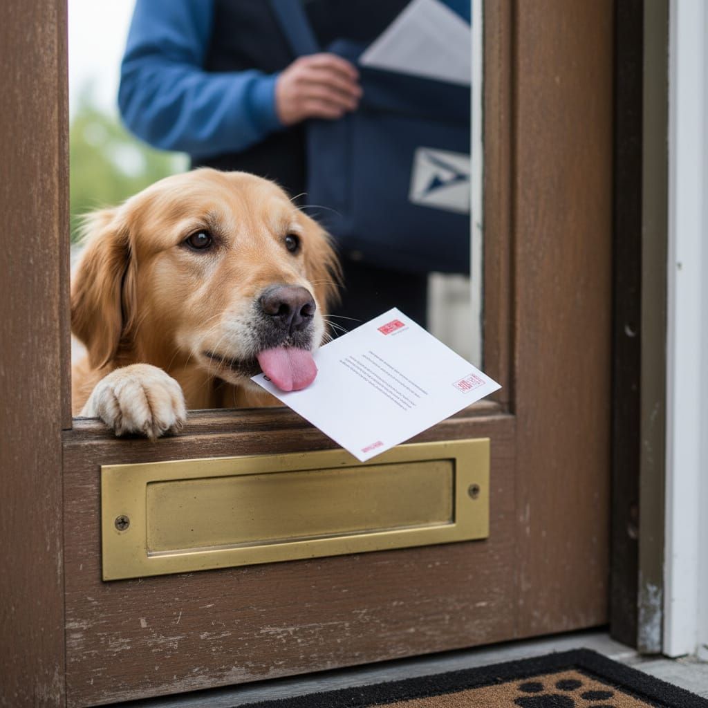 Dog Reacts to Postman Delivering Letter Through Door