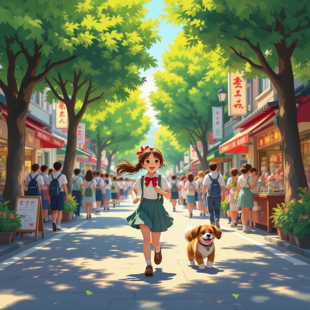 Joyful Schoolgirl Runs Through Lively Japanese Street With F...