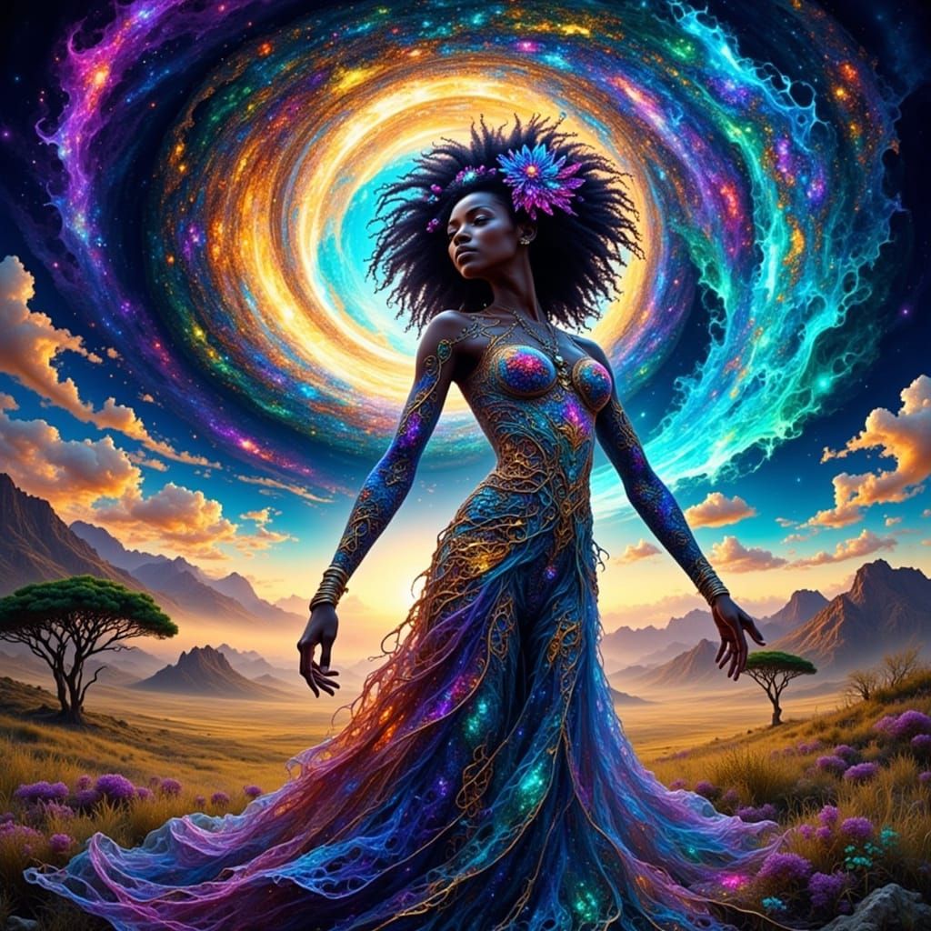 African Goddess Emerging from Fractal Savannah