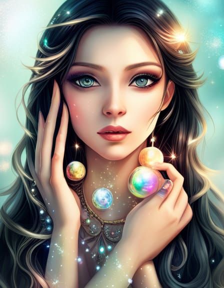 Sparkly Anime Elf Girl Portrait with Bubbles