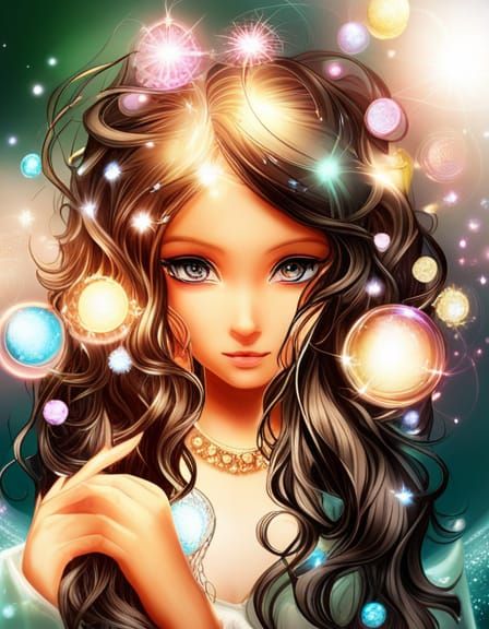 Sparkly Anime Elf Girl Portrait with Bubbles