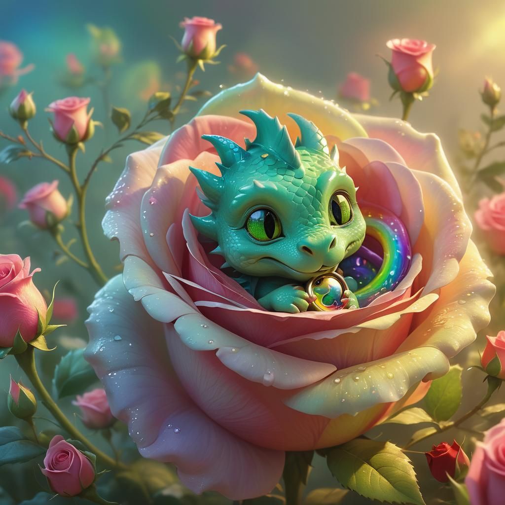 Sleeping Dragon in Rainbow Rose, 3D Digital Art